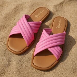 Seychelles Pink Quilted Slide Sandals Italy Women’s Size 9.5 – puff Cross Strap